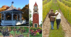 Collage of Niagara-on-the-Lake photos - gazebo, cenotaph, couple in vineyard, grapes on the vine
