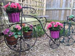 Garden ornament - iron bicycle with pink flowers
